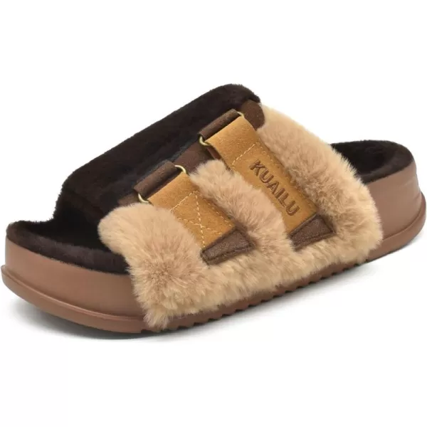 KuaiLu Womens Platform Slipper with Arch Support Soft Cushion Faux Fur Sandals Open Toe House Slipper Fluffy Slides Indoor Outdoor,6~12