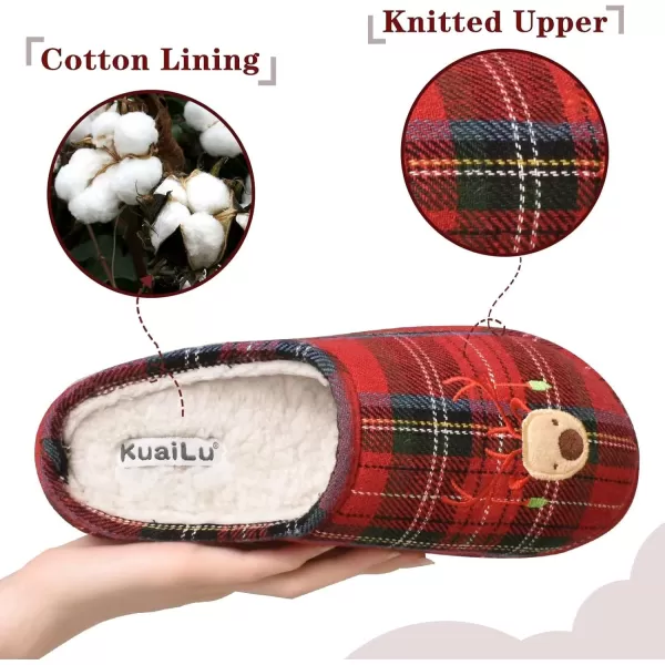 KuaiLu Womens Cozy Memory Foam Slippers, Ladies Plaid House Slippers, Comfy Arch Support Bedroom Slippers, Slip on Warm Fuzzy Lined Winter Home Shoes with Non-slip Indoor Outdoor Hard Rubber Sole