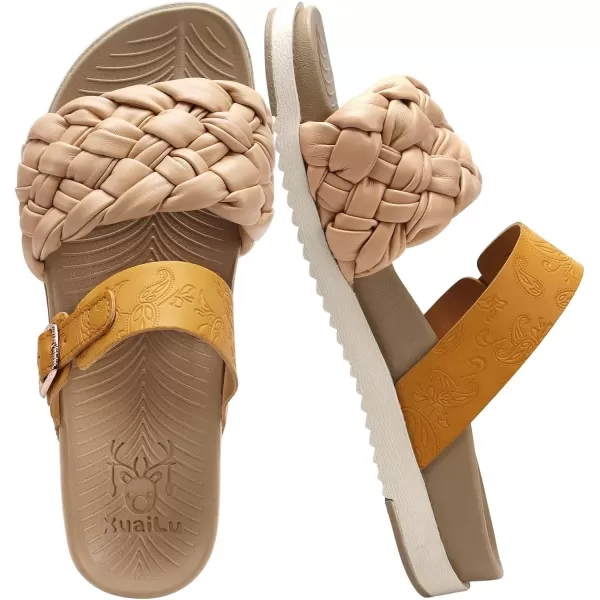 KuaiLu Womens Orthotic Slides Fashion Dressy Sandals With Comfortable Plantar Fasciitis Arch Support Summer Adjustable Leather Braided Open Toe Cushion Womans Slides Sandals Size5-11