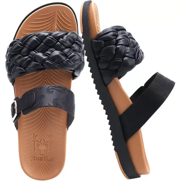 KuaiLu Womens Orthotic Slides Fashion Dressy Sandals With Comfortable Plantar Fasciitis Arch Support Summer Adjustable Leather Braided Open Toe Cushion Womans Slides Sandals Size5-11