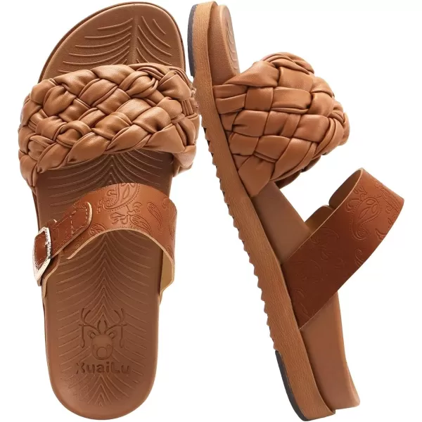 KuaiLu Womens Orthotic Slides Fashion Dressy Sandals With Comfortable Plantar Fasciitis Arch Support Summer Adjustable Leather Braided Open Toe Cushion Womans Slides Sandals Size5-11