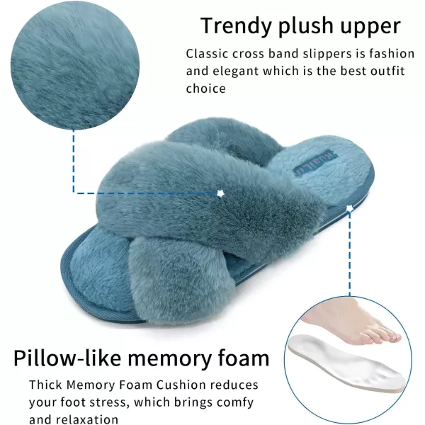 KuaiLu Womens fuzzy Fur Cross Band Slides Open Toe Slippers cozy cute Yoga Mat Slippers comfySlip on House Sandals Indoor/Outdoor