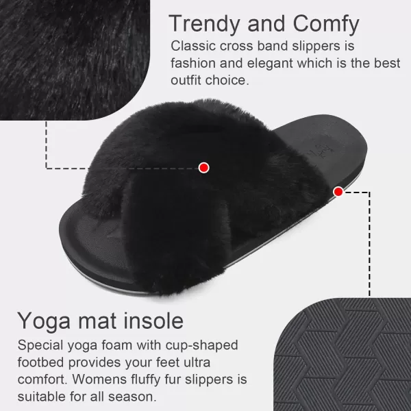 KuaiLu Womens fuzzy Fur Cross Band Slides Open Toe Slippers cozy cute Yoga Mat Slippers comfySlip on House Sandals Indoor/Outdoor