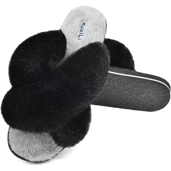 KuaiLu Womens fuzzy Fur Cross Band Slides Open Toe Slippers cozy cute Yoga Mat Slippers comfySlip on House Sandals Indoor/Outdoor