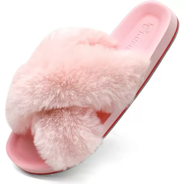 KuaiLu Womens fuzzy Fur Cross Band Slides Open Toe Slippers cozy cute Yoga Mat Slippers comfySlip on House Sandals Indoor/Outdoor