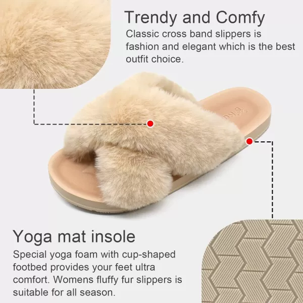 KuaiLu Womens fuzzy Fur Cross Band Slides Open Toe Slippers cozy cute Yoga Mat Slippers comfySlip on House Sandals Indoor/Outdoor