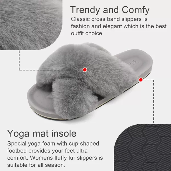 KuaiLu Womens fuzzy Fur Cross Band Slides Open Toe Slippers cozy cute Yoga Mat Slippers comfySlip on House Sandals Indoor/Outdoor