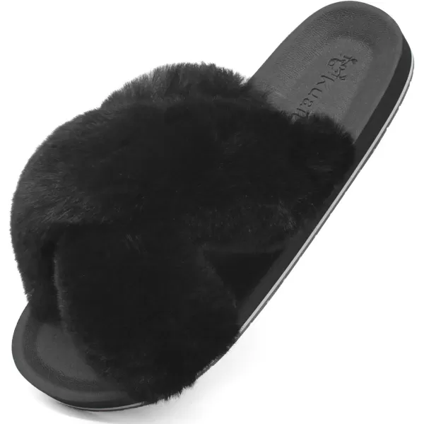 KuaiLu Womens fuzzy Fur Cross Band Slides Open Toe Slippers cozy cute Yoga Mat Slippers comfySlip on House Sandals Indoor/Outdoor