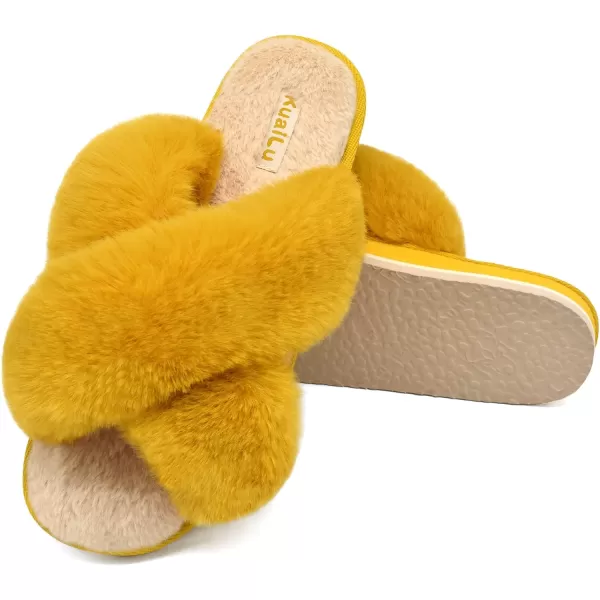 KuaiLu Womens fuzzy Fur Cross Band Slides Open Toe Slippers cozy cute Yoga Mat Slippers comfySlip on House Sandals Indoor/Outdoor