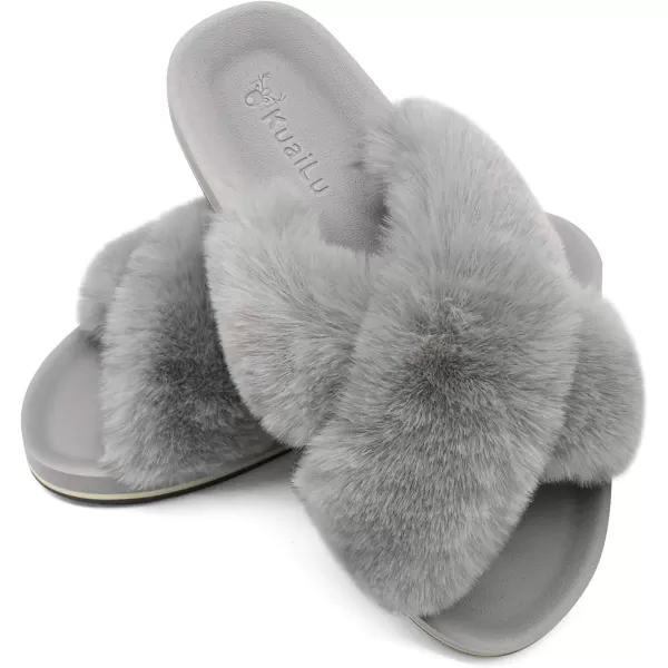 KuaiLu Womens fuzzy Fur Cross Band Slides Open Toe Slippers cozy cute Yoga Mat Slippers comfySlip on House Sandals Indoor/Outdoor