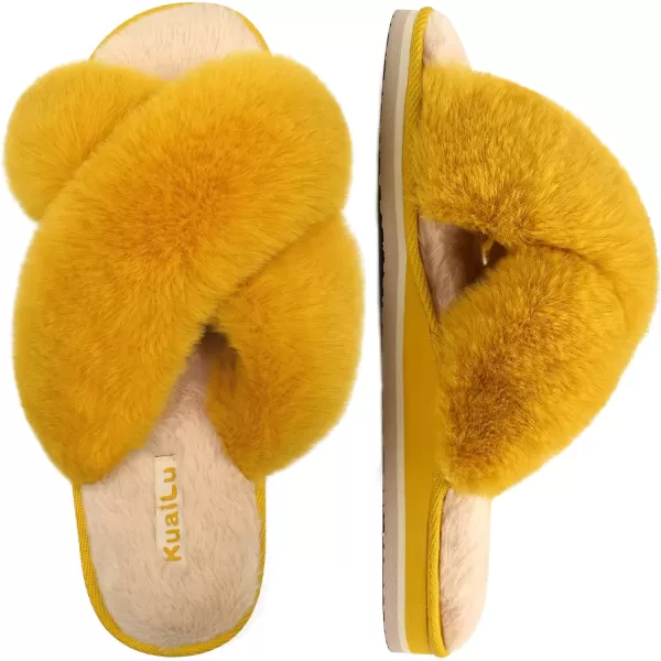 KuaiLu Womens fuzzy Fur Cross Band Slides Open Toe Slippers cozy cute Yoga Mat Slippers comfySlip on House Sandals Indoor/Outdoor