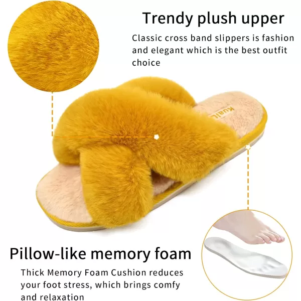 KuaiLu Womens fuzzy Fur Cross Band Slides Open Toe Slippers cozy cute Yoga Mat Slippers comfySlip on House Sandals Indoor/Outdoor