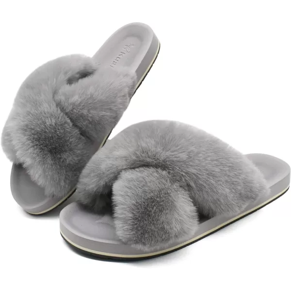 KuaiLu Womens fuzzy Fur Cross Band Slides Open Toe Slippers cozy cute Yoga Mat Slippers comfySlip on House Sandals Indoor/Outdoor
