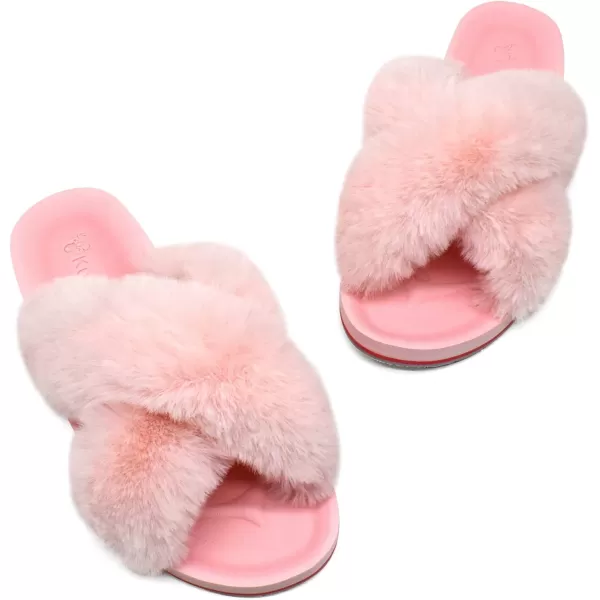 KuaiLu Womens fuzzy Fur Cross Band Slides Open Toe Slippers cozy cute Yoga Mat Slippers comfySlip on House Sandals Indoor/Outdoor