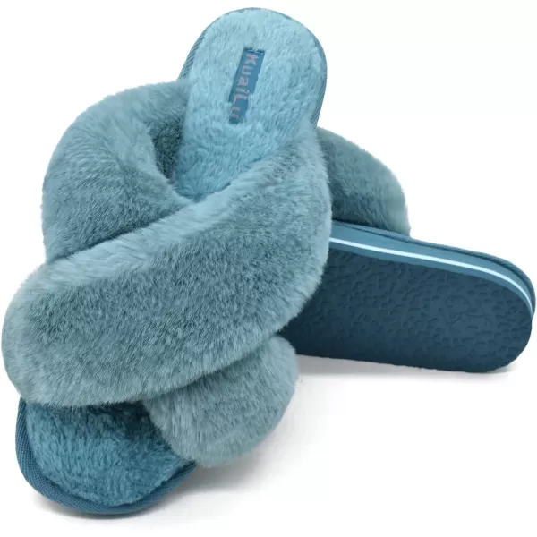 KuaiLu Womens fuzzy Fur Cross Band Slides Open Toe Slippers cozy cute Yoga Mat Slippers comfySlip on House Sandals Indoor/Outdoor