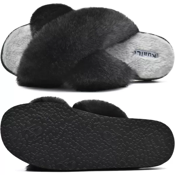 KuaiLu Womens fuzzy Fur Cross Band Slides Open Toe Slippers cozy cute Yoga Mat Slippers comfySlip on House Sandals Indoor/Outdoor