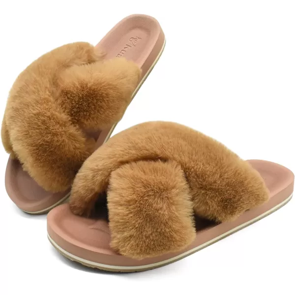 KuaiLu Womens fuzzy Fur Cross Band Slides Open Toe Slippers cozy cute Yoga Mat Slippers comfySlip on House Sandals Indoor/Outdoor