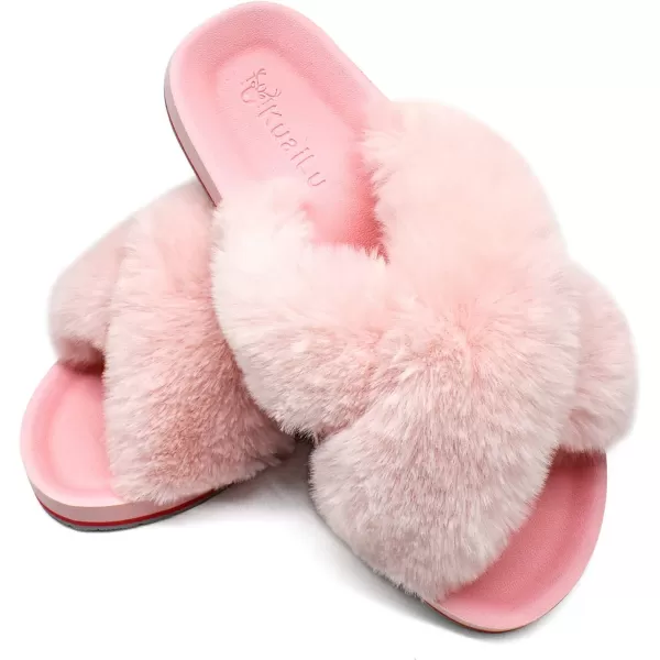 KuaiLu Womens fuzzy Fur Cross Band Slides Open Toe Slippers cozy cute Yoga Mat Slippers comfySlip on House Sandals Indoor/Outdoor