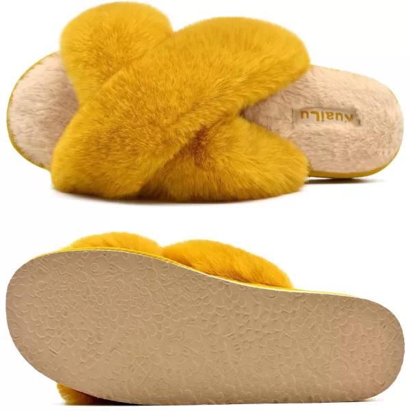KuaiLu Womens fuzzy Fur Cross Band Slides Open Toe Slippers cozy cute Yoga Mat Slippers comfySlip on House Sandals Indoor/Outdoor