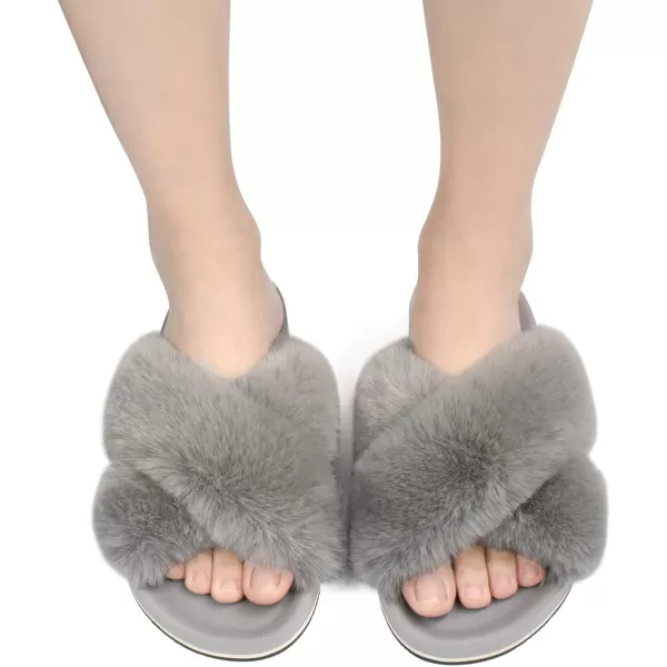 KuaiLu Womens fuzzy Fur Cross Band Slides Open Toe Slippers cozy cute Yoga Mat Slippers comfySlip on House Sandals Indoor/Outdoor
