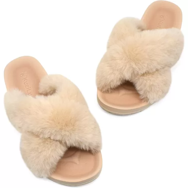 KuaiLu Womens fuzzy Fur Cross Band Slides Open Toe Slippers cozy cute Yoga Mat Slippers comfySlip on House Sandals Indoor/Outdoor