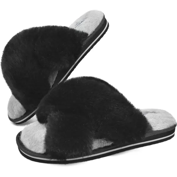KuaiLu Womens fuzzy Fur Cross Band Slides Open Toe Slippers cozy cute Yoga Mat Slippers comfySlip on House Sandals Indoor/Outdoor