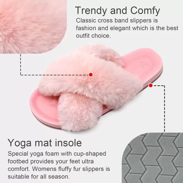 KuaiLu Womens fuzzy Fur Cross Band Slides Open Toe Slippers cozy cute Yoga Mat Slippers comfySlip on House Sandals Indoor/Outdoor