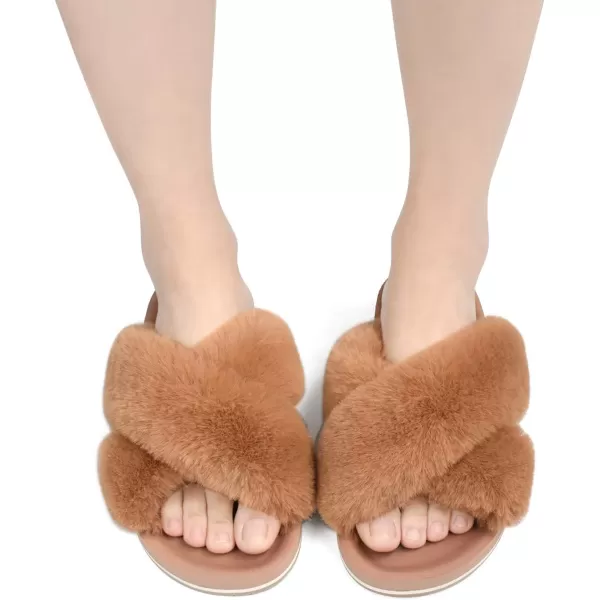 KuaiLu Womens fuzzy Fur Cross Band Slides Open Toe Slippers cozy cute Yoga Mat Slippers comfySlip on House Sandals Indoor/Outdoor