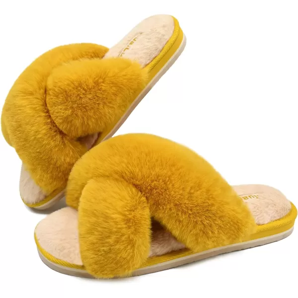 KuaiLu Womens fuzzy Fur Cross Band Slides Open Toe Slippers cozy cute Yoga Mat Slippers comfySlip on House Sandals Indoor/Outdoor