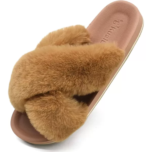 KuaiLu Womens fuzzy Fur Cross Band Slides Open Toe Slippers cozy cute Yoga Mat Slippers comfySlip on House Sandals Indoor/Outdoor