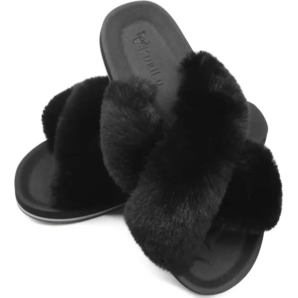 KuaiLu Womens fuzzy Fur Cross Band Slides Open Toe Slippers cozy cute Yoga Mat Slippers comfySlip on House Sandals Indoor/Outdoor