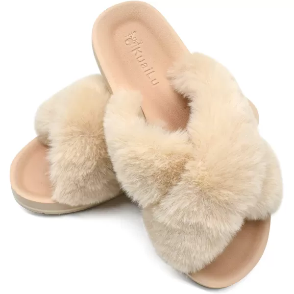KuaiLu Womens fuzzy Fur Cross Band Slides Open Toe Slippers cozy cute Yoga Mat Slippers comfySlip on House Sandals Indoor/Outdoor