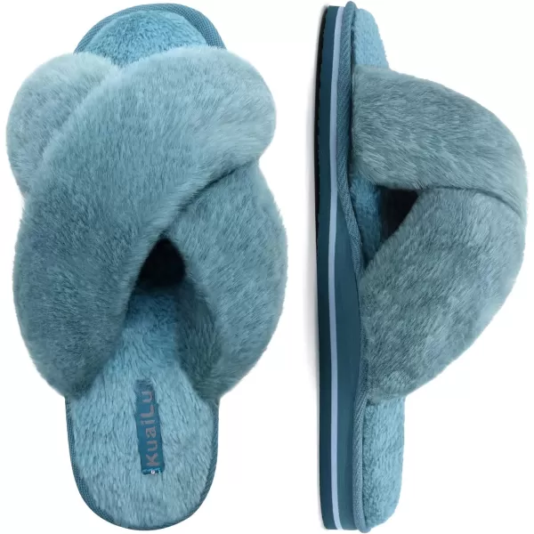 KuaiLu Womens fuzzy Fur Cross Band Slides Open Toe Slippers cozy cute Yoga Mat Slippers comfySlip on House Sandals Indoor/Outdoor