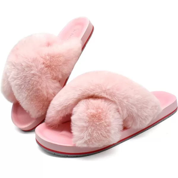 KuaiLu Womens fuzzy Fur Cross Band Slides Open Toe Slippers cozy cute Yoga Mat Slippers comfySlip on House Sandals Indoor/Outdoor