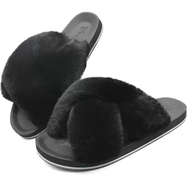 KuaiLu Womens fuzzy Fur Cross Band Slides Open Toe Slippers cozy cute Yoga Mat Slippers comfySlip on House Sandals Indoor/Outdoor