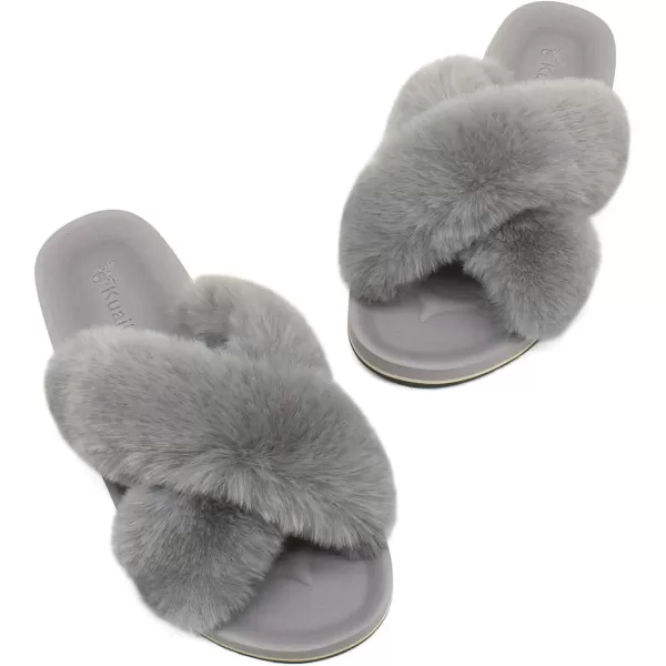 KuaiLu Womens fuzzy Fur Cross Band Slides Open Toe Slippers cozy cute Yoga Mat Slippers comfySlip on House Sandals Indoor/Outdoor