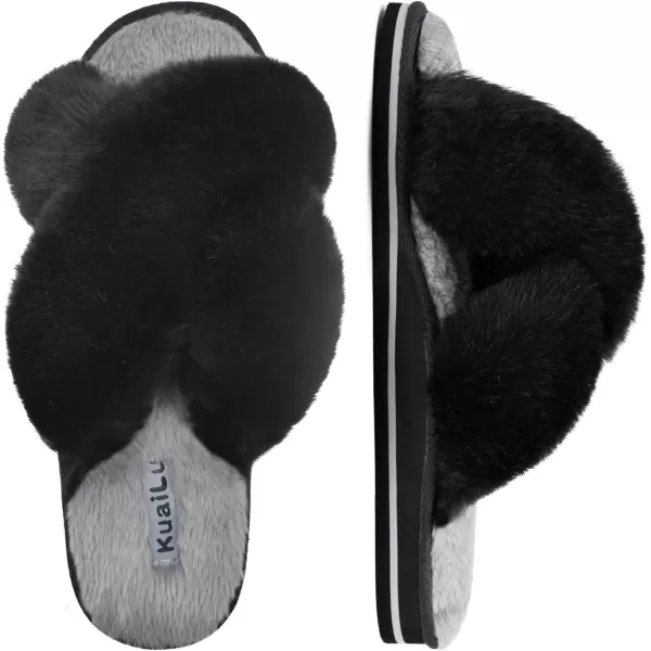 KuaiLu Womens fuzzy Fur Cross Band Slides Open Toe Slippers cozy cute Yoga Mat Slippers comfySlip on House Sandals Indoor/Outdoor