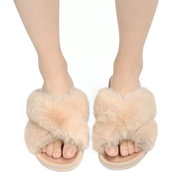 KuaiLu Womens fuzzy Fur Cross Band Slides Open Toe Slippers cozy cute Yoga Mat Slippers comfySlip on House Sandals Indoor/Outdoor