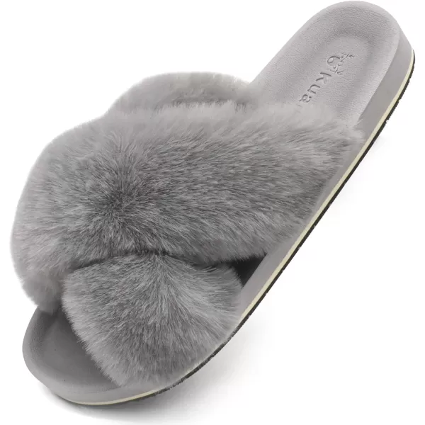 KuaiLu Womens fuzzy Fur Cross Band Slides Open Toe Slippers cozy cute Yoga Mat Slippers comfySlip on House Sandals Indoor/Outdoor