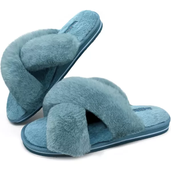 KuaiLu Womens fuzzy Fur Cross Band Slides Open Toe Slippers cozy cute Yoga Mat Slippers comfySlip on House Sandals Indoor/Outdoor