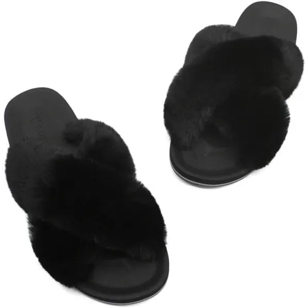KuaiLu Womens fuzzy Fur Cross Band Slides Open Toe Slippers cozy cute Yoga Mat Slippers comfySlip on House Sandals Indoor/Outdoor