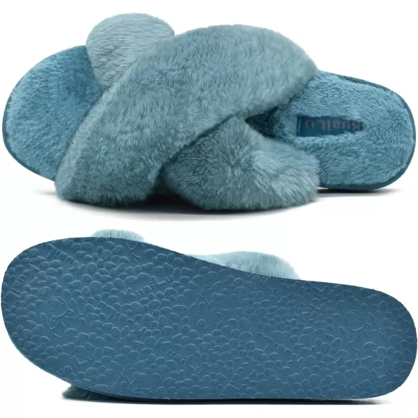 KuaiLu Womens fuzzy Fur Cross Band Slides Open Toe Slippers cozy cute Yoga Mat Slippers comfySlip on House Sandals Indoor/Outdoor
