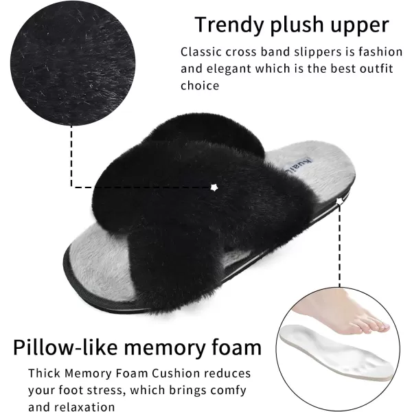 KuaiLu Womens fuzzy Fur Cross Band Slides Open Toe Slippers cozy cute Yoga Mat Slippers comfySlip on House Sandals Indoor/Outdoor