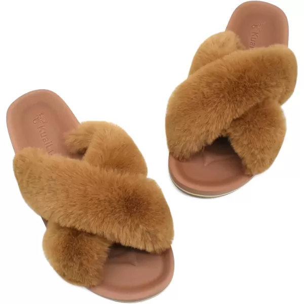 KuaiLu Womens fuzzy Fur Cross Band Slides Open Toe Slippers cozy cute Yoga Mat Slippers comfySlip on House Sandals Indoor/Outdoor