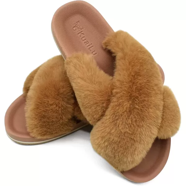 KuaiLu Womens fuzzy Fur Cross Band Slides Open Toe Slippers cozy cute Yoga Mat Slippers comfySlip on House Sandals Indoor/Outdoor
