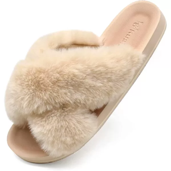 KuaiLu Womens fuzzy Fur Cross Band Slides Open Toe Slippers cozy cute Yoga Mat Slippers comfySlip on House Sandals Indoor/Outdoor
