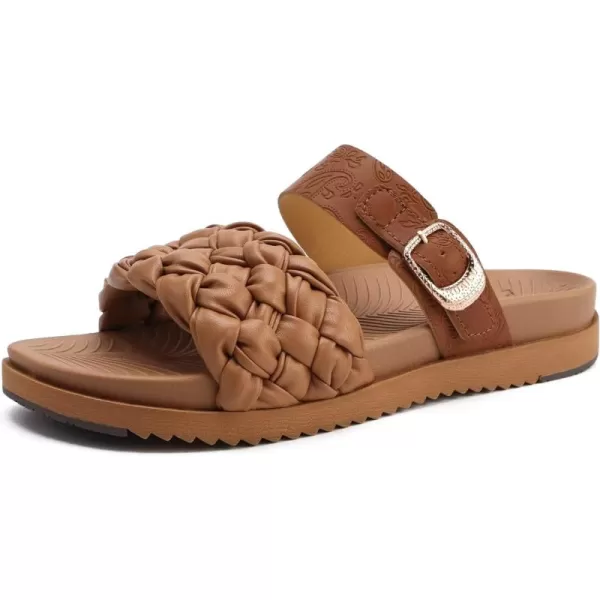 KuaiLu Womens Orthotic Slides Fashion Dressy Sandals With Comfortable Plantar Fasciitis Arch Support Summer Adjustable Leather Braided Open Toe Cushion Womans Slides Sandals Size5-11