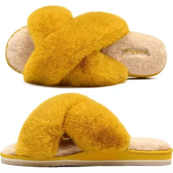 KuaiLu Womens fuzzy Fur Cross Band Slides Open Toe Slippers cozy cute Yoga Mat Slippers comfySlip on House Sandals Indoor/Outdoor
