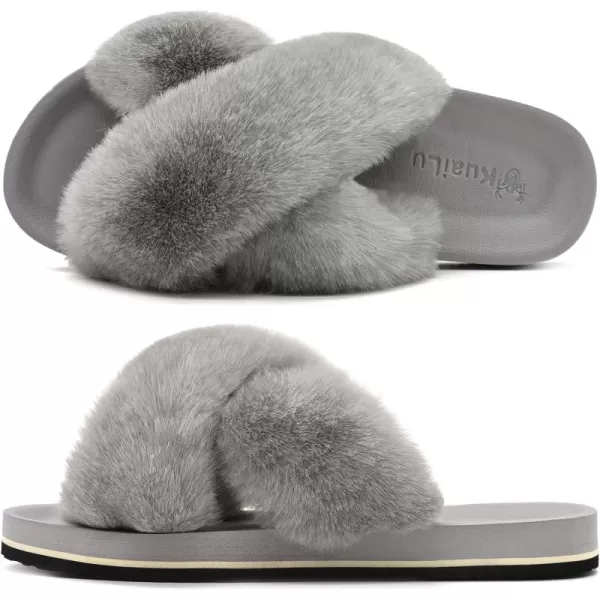 KuaiLu Womens fuzzy Fur Cross Band Slides Open Toe Slippers cozy cute Yoga Mat Slippers comfySlip on House Sandals Indoor/Outdoor