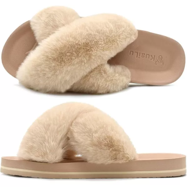 KuaiLu Womens fuzzy Fur Cross Band Slides Open Toe Slippers cozy cute Yoga Mat Slippers comfySlip on House Sandals Indoor/Outdoor